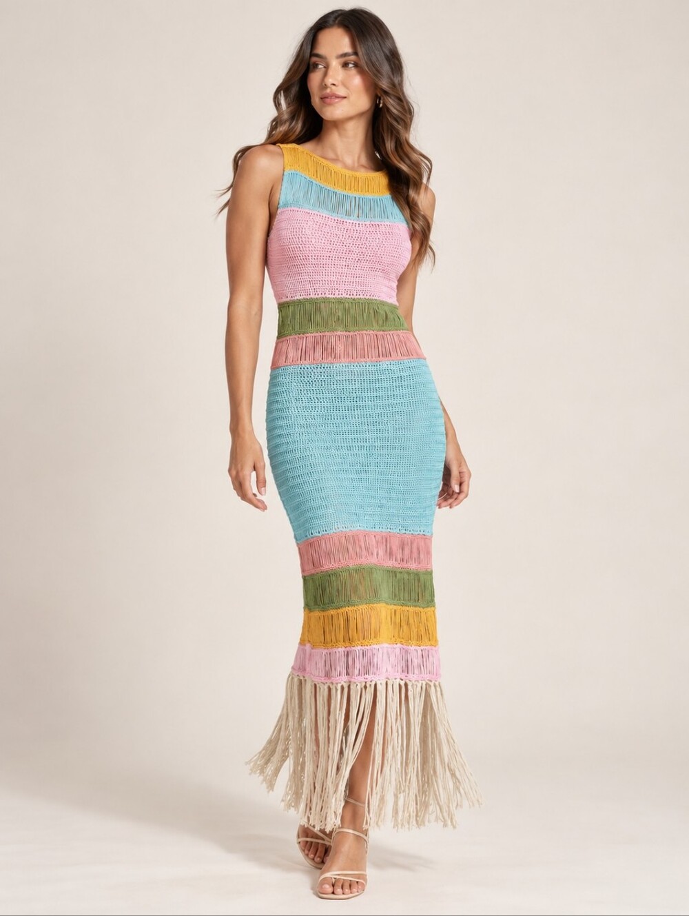 MICAS Multicolor Crochet Knit Fringe Maxi Dress Size XXL